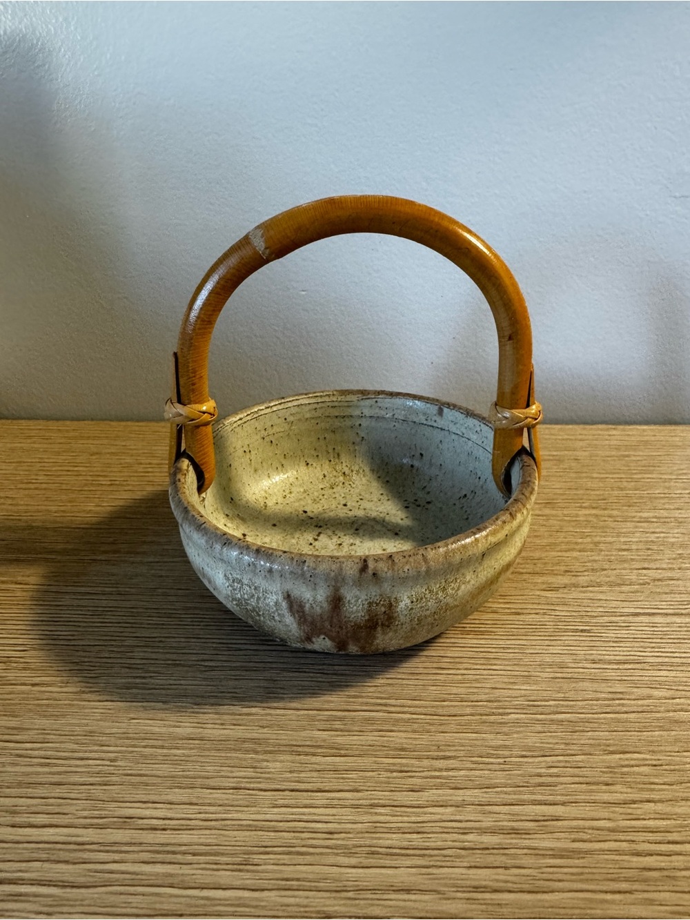 Handmade Ceramic Basket with Bamboo Handle - Speckled Beige and Honey